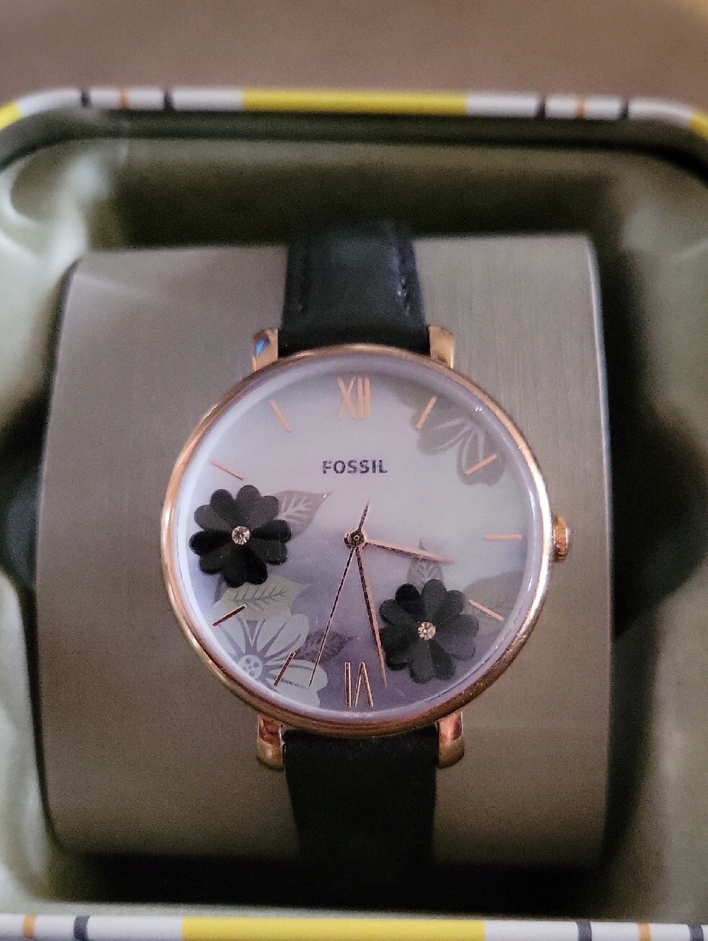 Fossil Women's Black Floral Dial Watch with Rose Gold Case